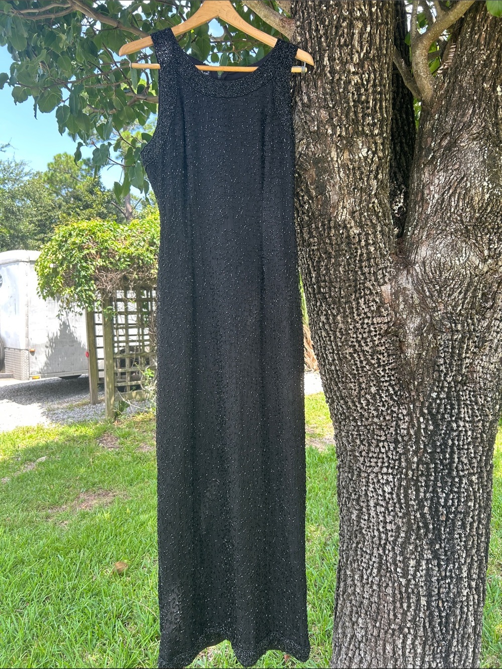 Vintage 90s Beaded Silk Maxi Gown - Black Sparkle Prom Evening Dress